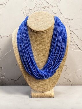 Handcrafted Multi-Strand Cobalt Blue Beaded Statement Necklace w/ 1939 Coin